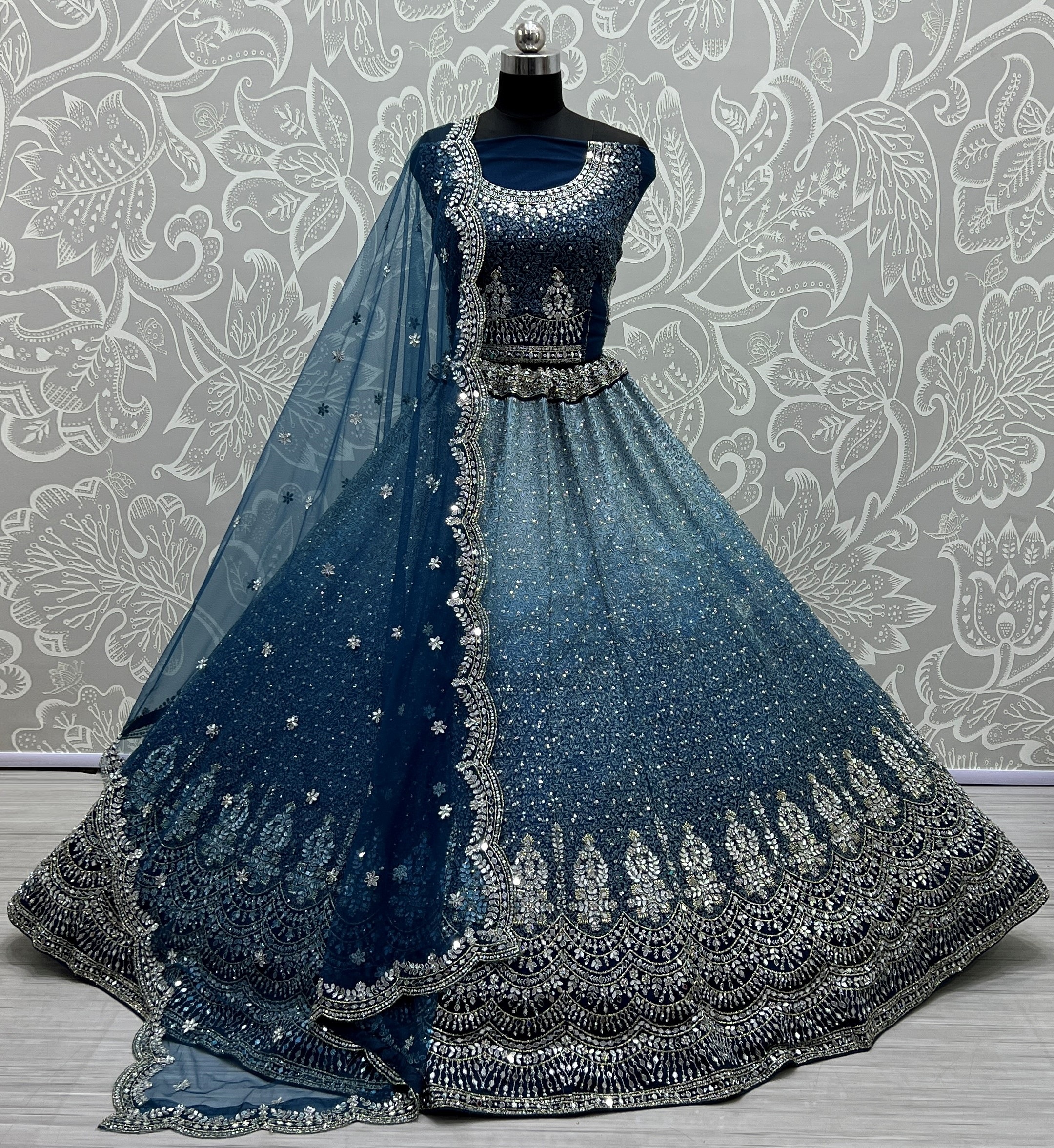 Blue Net Wedding Lehenga Choli